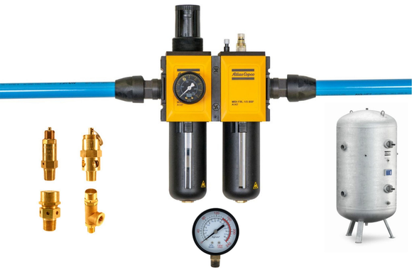 Air compressor accessories | Tanks, switches, gauges, FRL's, relief valves